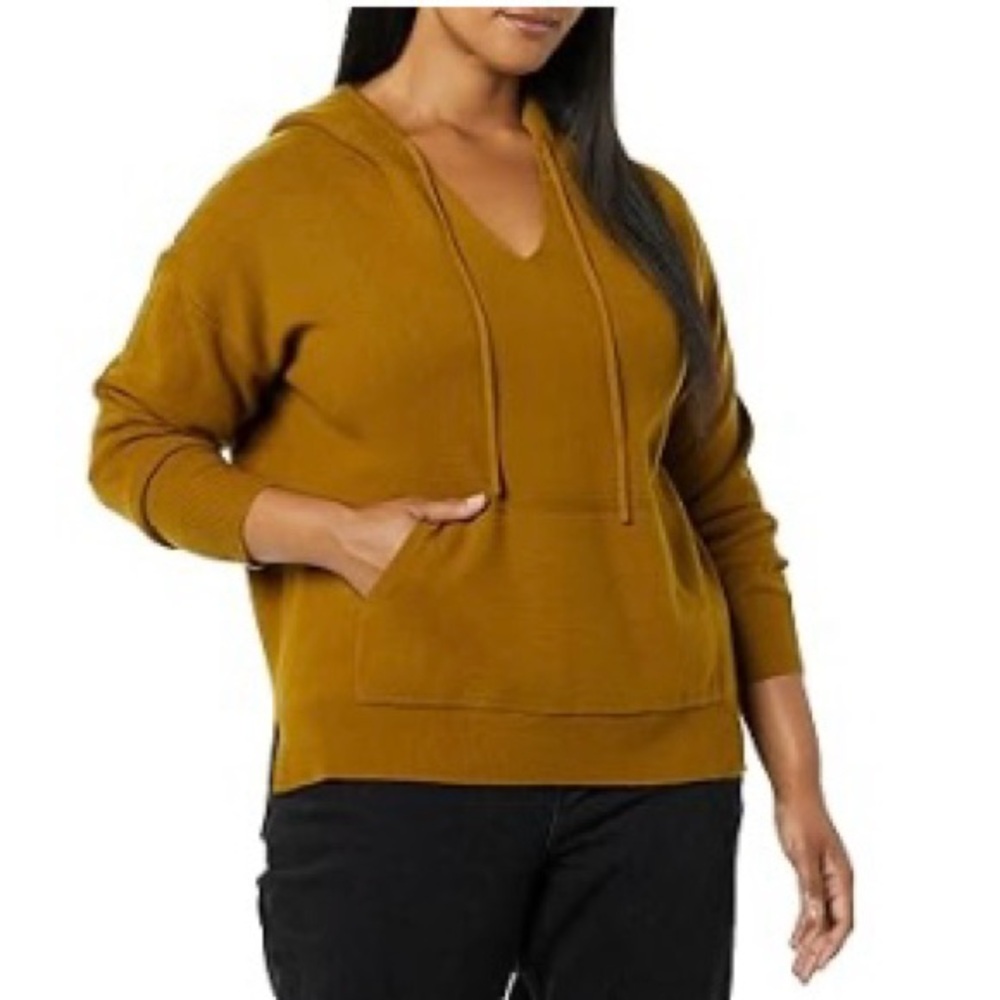 Daily Ritual - V-neck Pullover Hoodie Sweater - Mustard/Brown - size Large